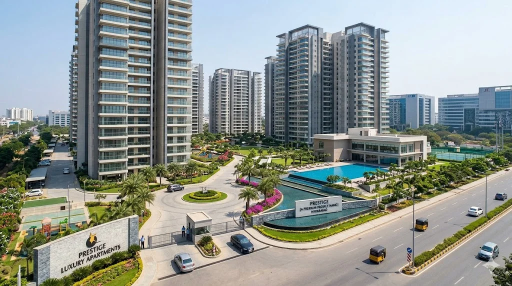 Exterior view of premium ultra-luxury residential apartments by Prestige Group in Hyderabad.